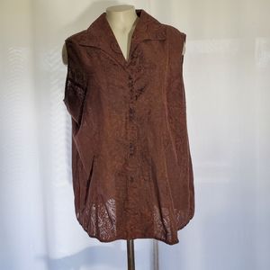 Semi-sheer Floral Button Up Sleeveless Blouse, Size XL